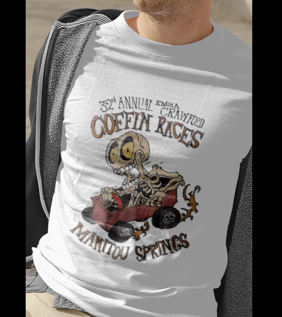 32nd Annual Emma Crawford Coffin Races Manitou Springs Cartoon Skeleton Racing Go Kart Flames T-Shirt