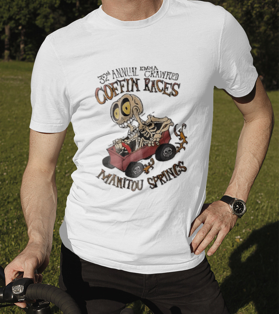 32nd Annual Emma Crawford Coffin Races Manitou Springs Cartoon Skeleton Racing Go Kart Flames T-Shirt