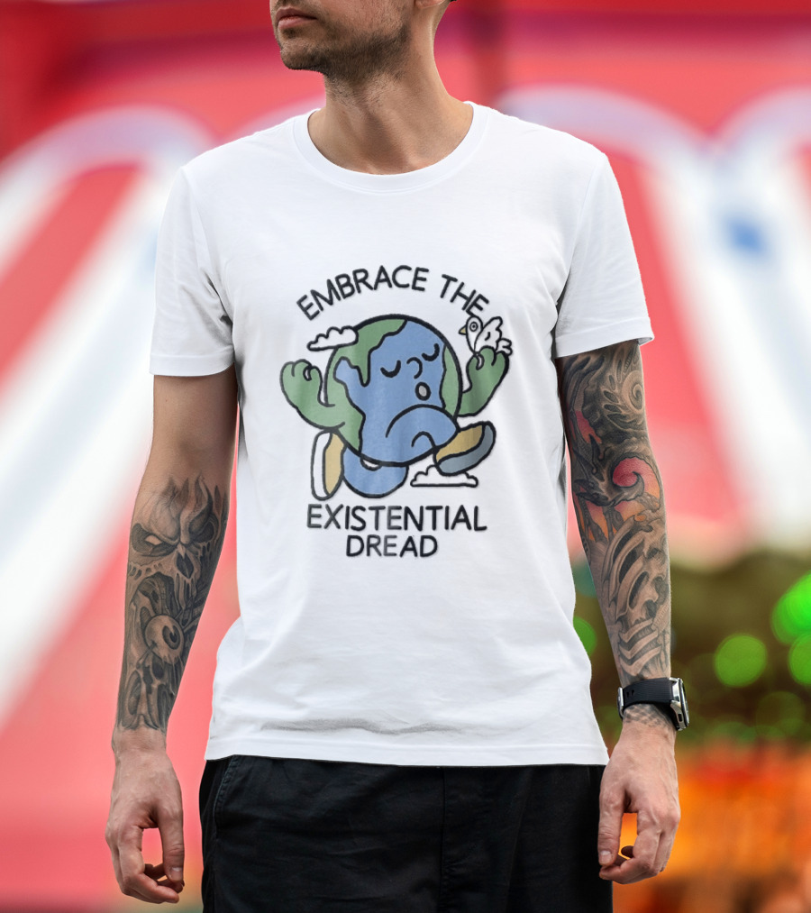 Embrace The Existential Dread Cartoon Running Planet Earth With Bird T-Shirt