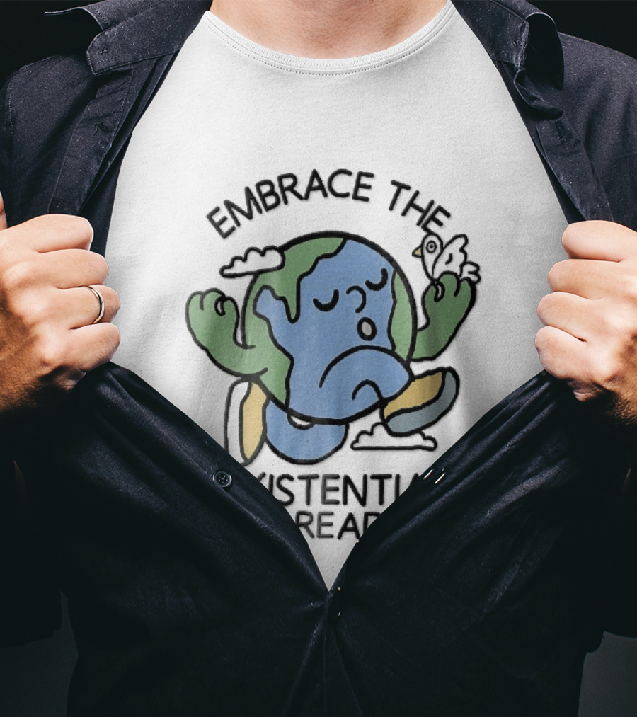Embrace The Existential Dread Cartoon Running Planet Earth With Bird T-Shirt