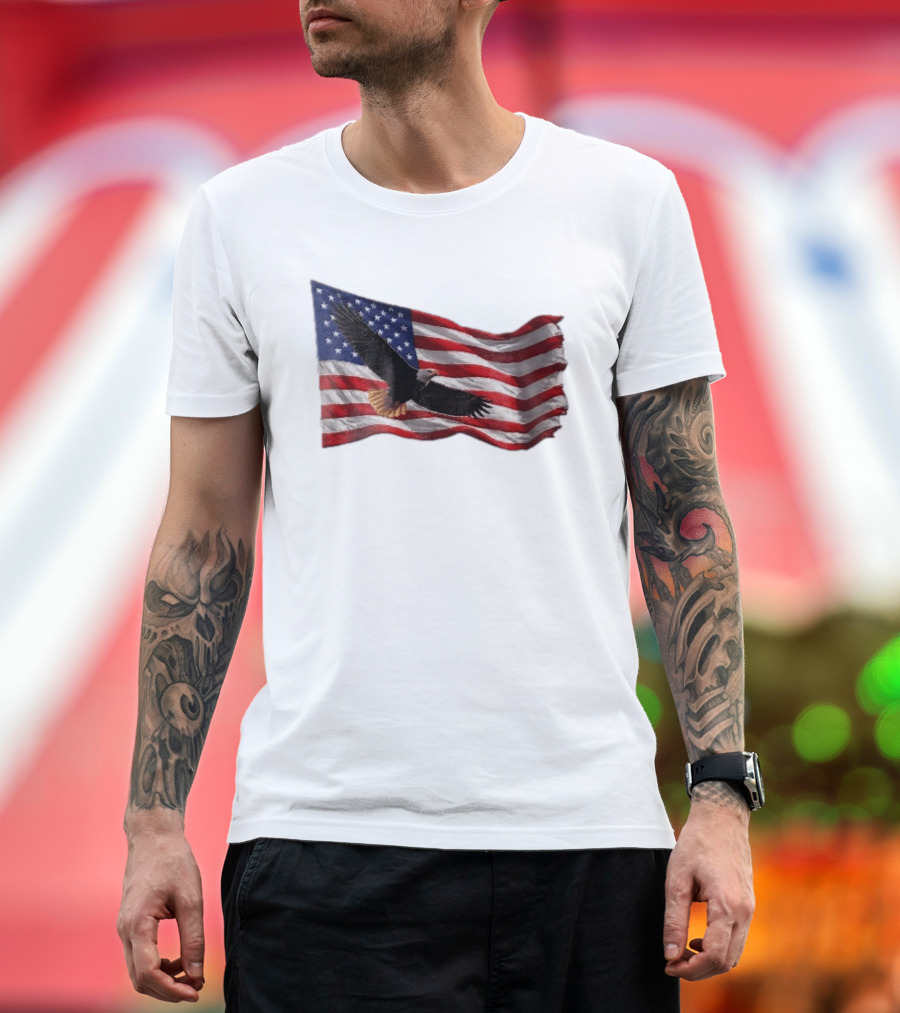 Bald Eagle Soaring Over Distressed American Flag Patriotic T-Shirt