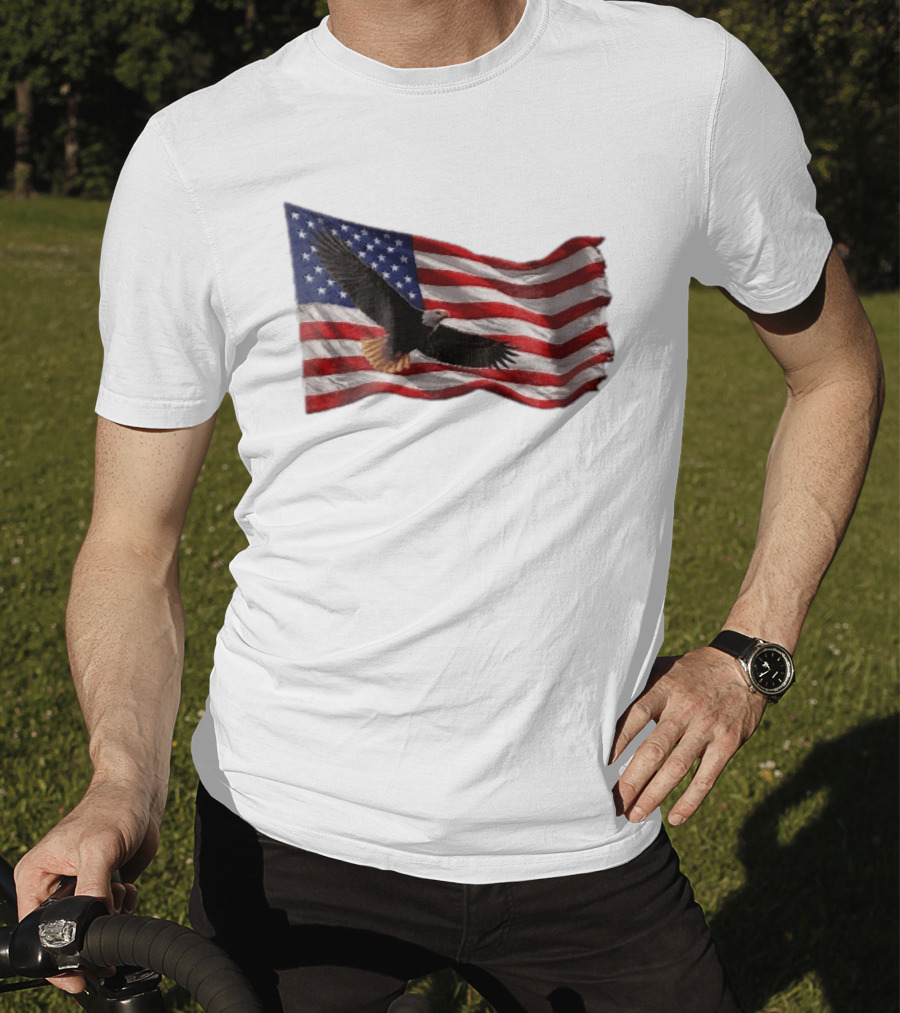 Bald Eagle Soaring Over Distressed American Flag Patriotic T-Shirt
