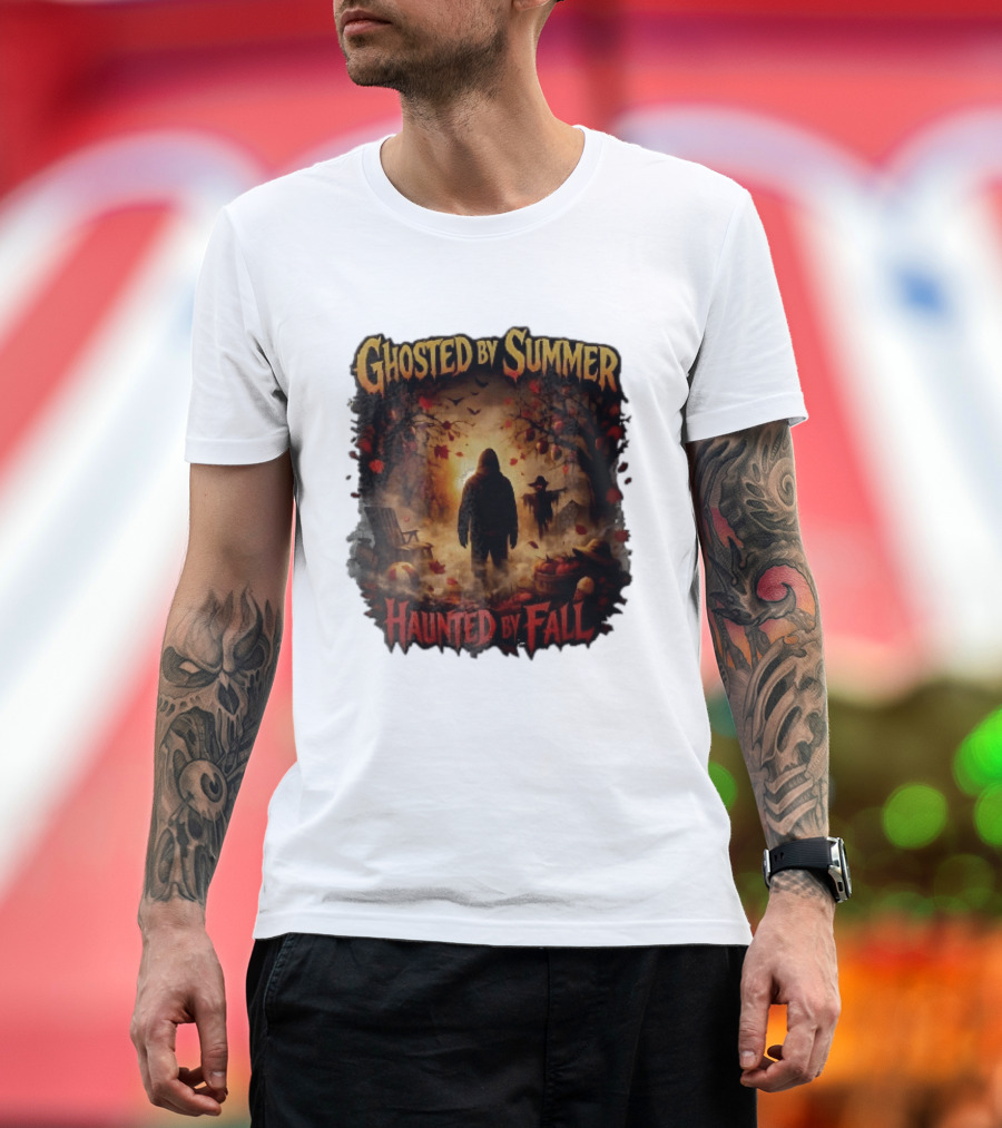 Ghosted By Summer Haunted By Fall Hooded Figure Autumn Orchard Scarecrow Pumpkins T-Shirt