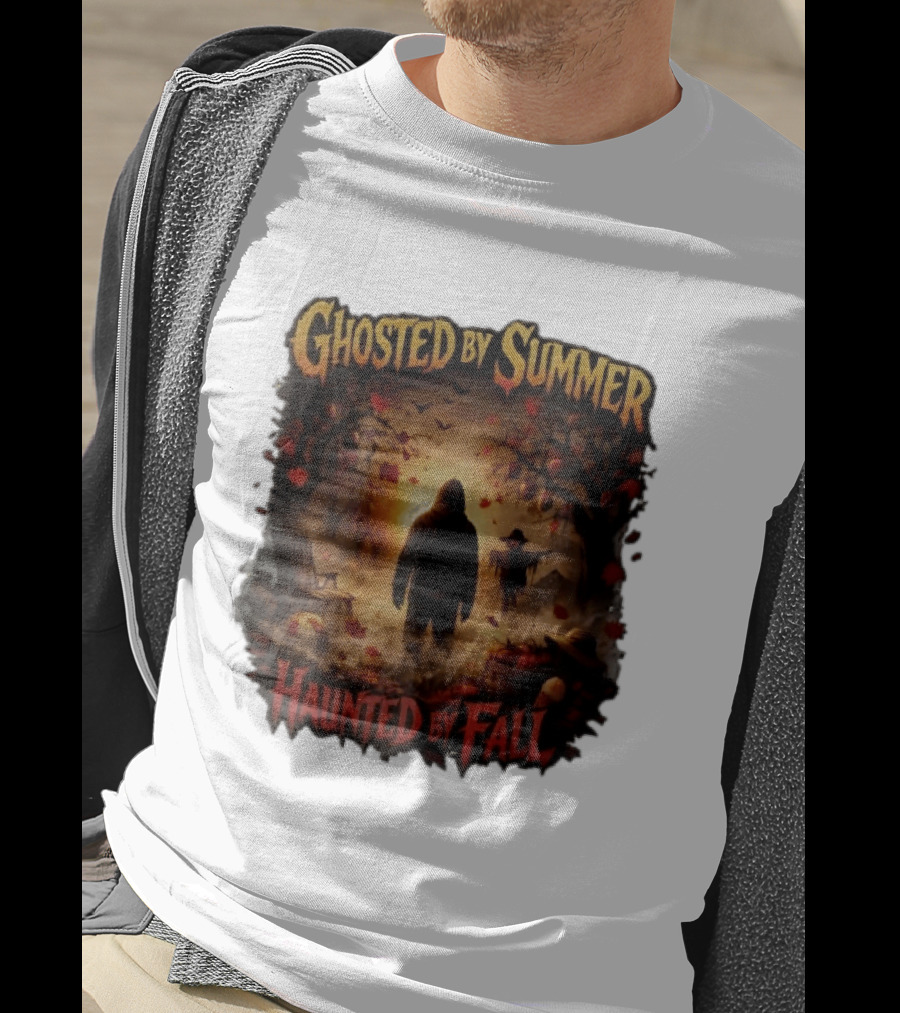 Ghosted By Summer Haunted By Fall Hooded Figure Autumn Orchard Scarecrow Pumpkins T-Shirt