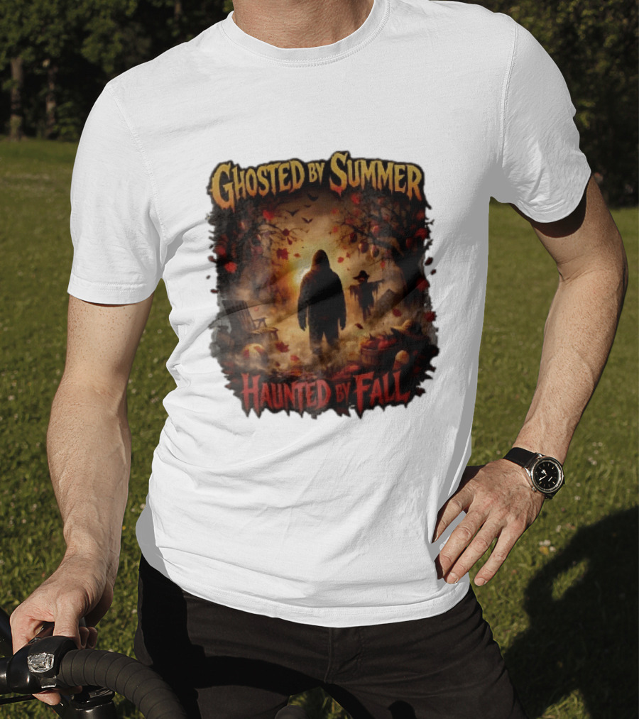 Ghosted By Summer Haunted By Fall Hooded Figure Autumn Orchard Scarecrow Pumpkins T-Shirt
