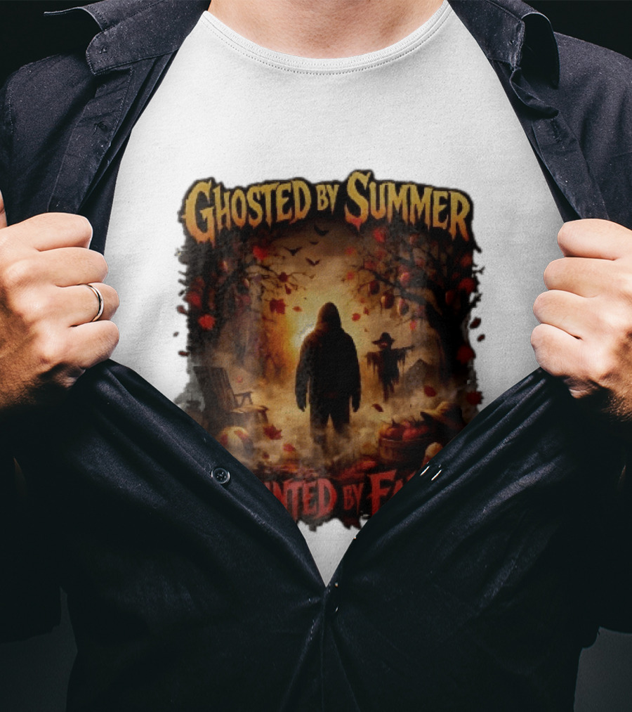 Ghosted By Summer Haunted By Fall Hooded Figure Autumn Orchard Scarecrow Pumpkins T-Shirt