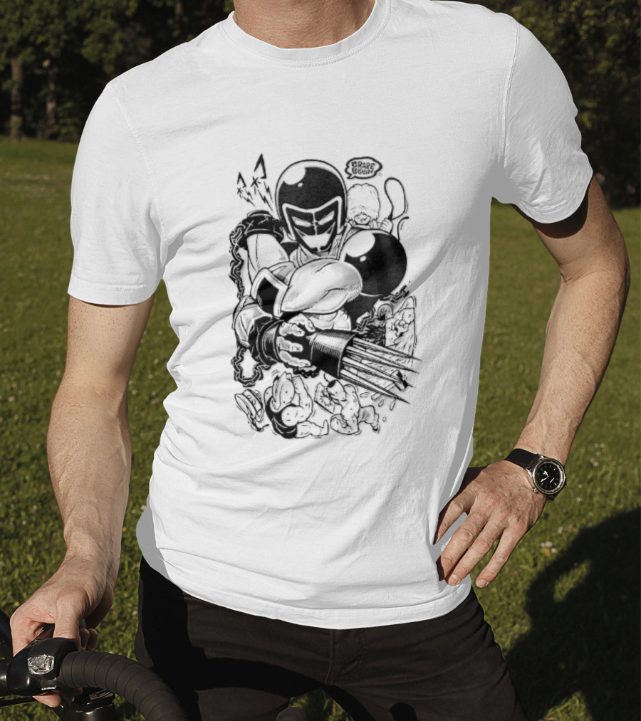Grape Brain Masked Cyborg Wrestler Spiked Claws Chains Cartoon Line Drawing T-Shirt