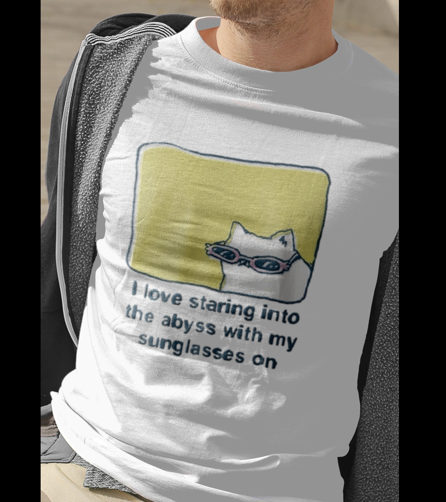 I Love Staring Into The Abyss With My Sunglasses On White Cat Pink Glasses Popcornpunk Cartoon T-Shirt