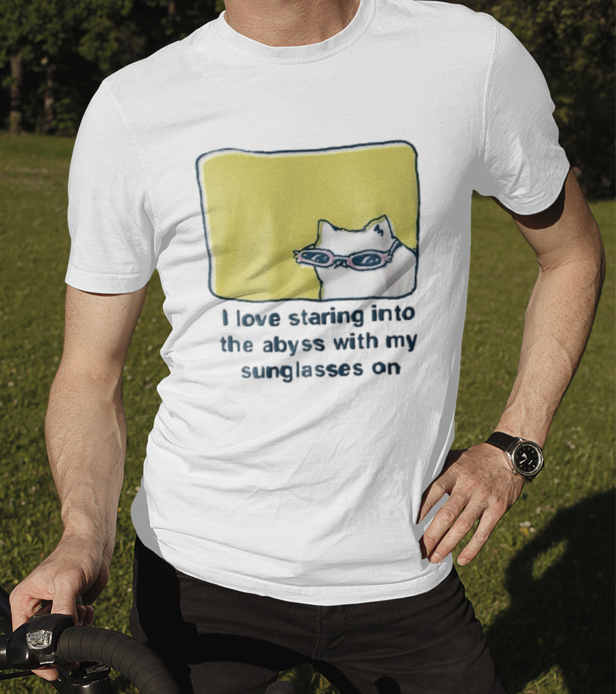 I Love Staring Into The Abyss With My Sunglasses On White Cat Pink Glasses Popcornpunk Cartoon T-Shirt