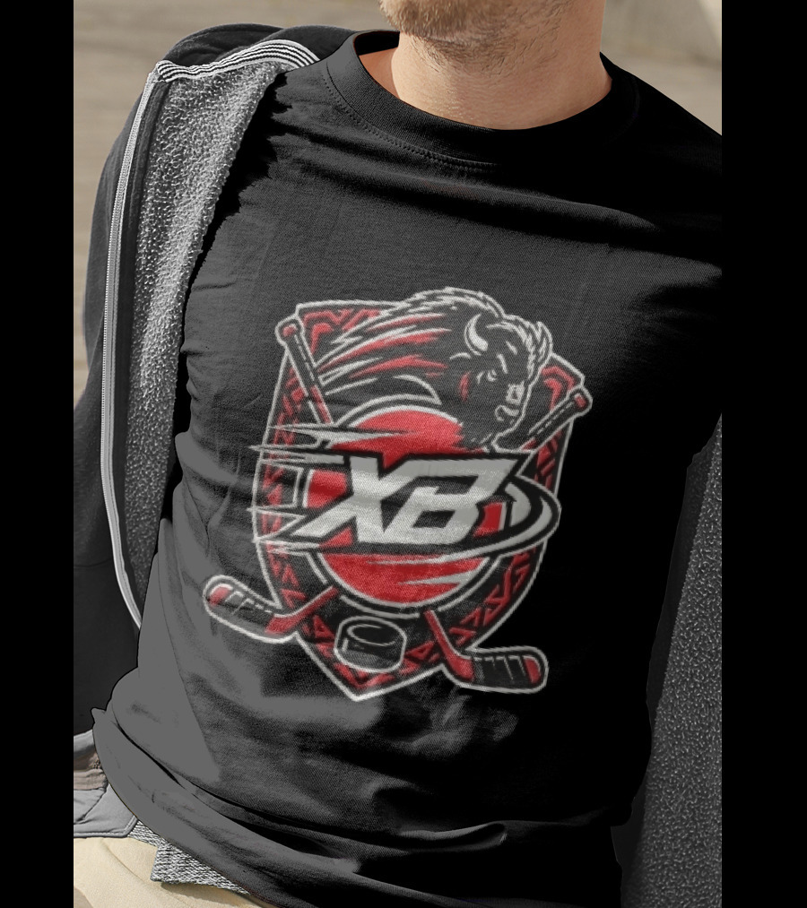 Xb Buffalo Bison Head With Crossed Hockey Sticks And Puck Shield Crest T-Shirt