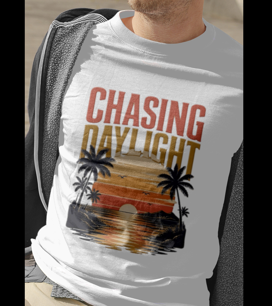 Chasing Daylight Tropical Beach Sunset Scene With Palms And Ocean Waves T-Shirt