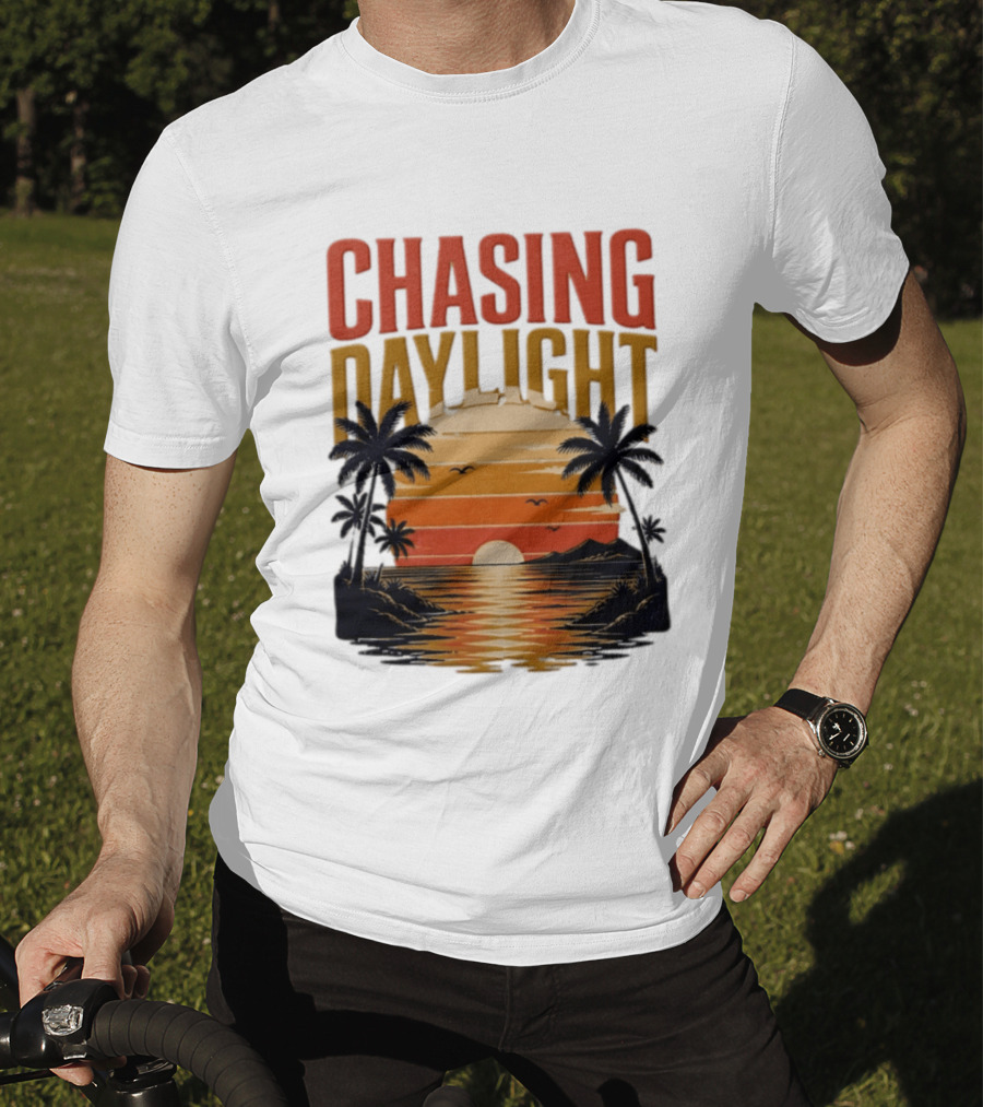 Chasing Daylight Tropical Beach Sunset Scene With Palms And Ocean Waves T-Shirt