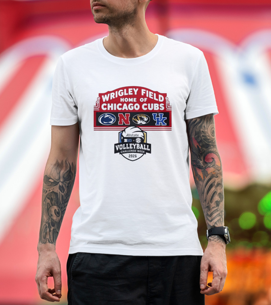 Wrigley Field Chicago Cubs Allstate 2026 Volleyball Challenge Week Penn State Nebraska Missouri Kentucky Logos T-Shirt
