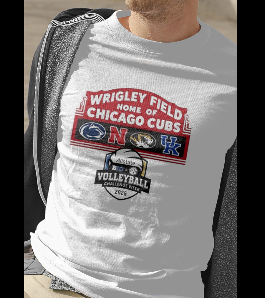Wrigley Field Chicago Cubs Allstate 2026 Volleyball Challenge Week Penn State Nebraska Missouri Kentucky Logos T-Shirt