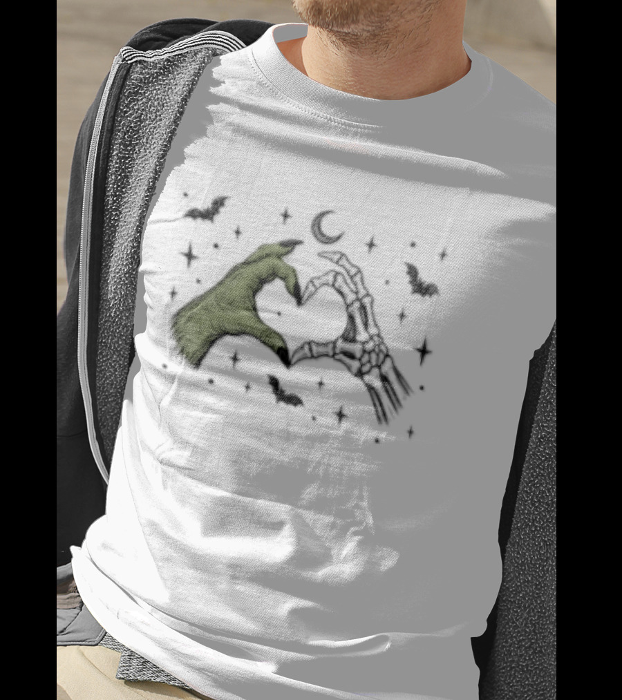 Witch Hand Skeleton Bone Heart Halloween Bats And Moon T-Shirt