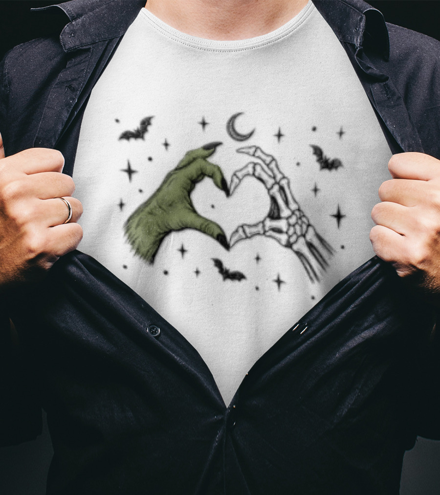 Witch Hand Skeleton Bone Heart Halloween Bats And Moon T-Shirt