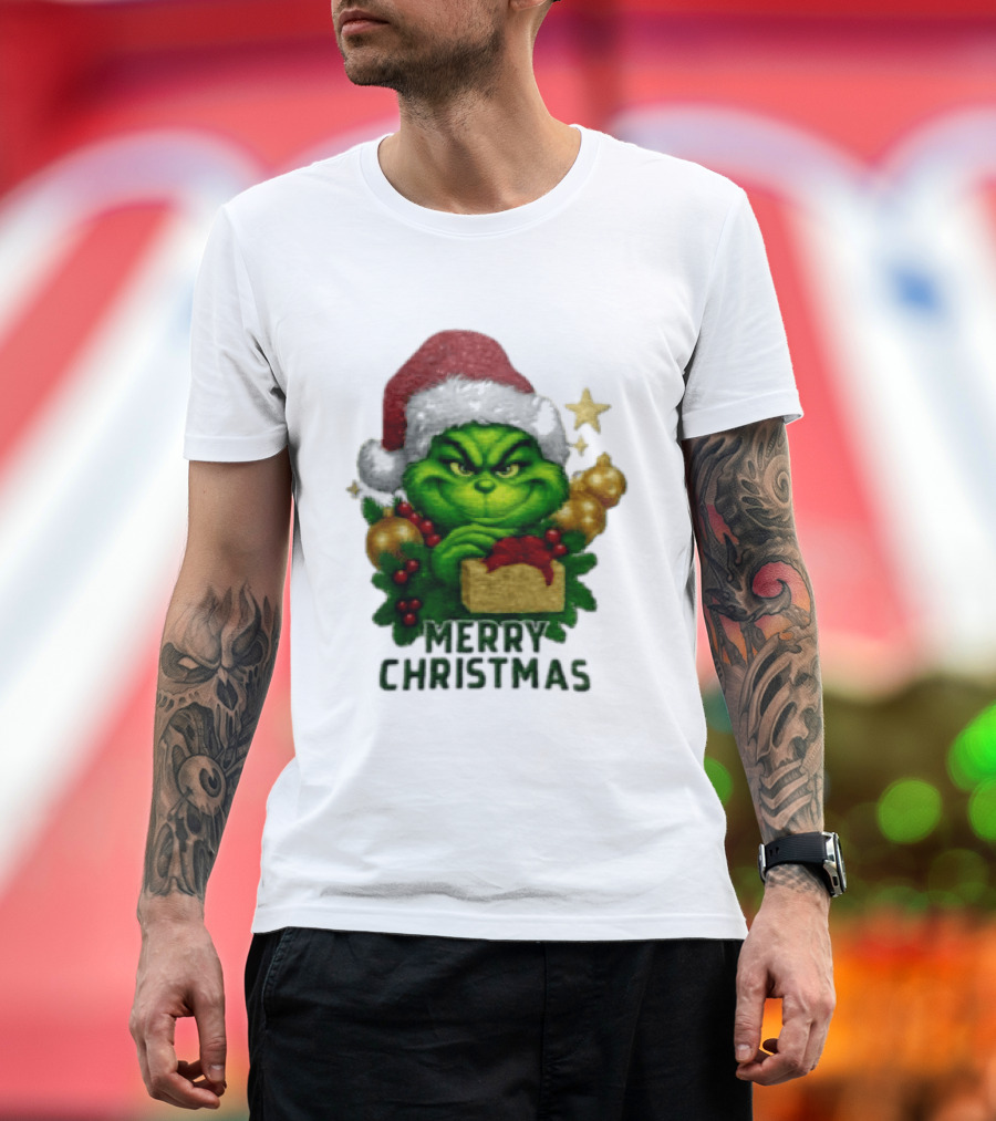 Merry Christmas Grinch Santa Claus Hat Gold Present Pine Branches T-Shirt
