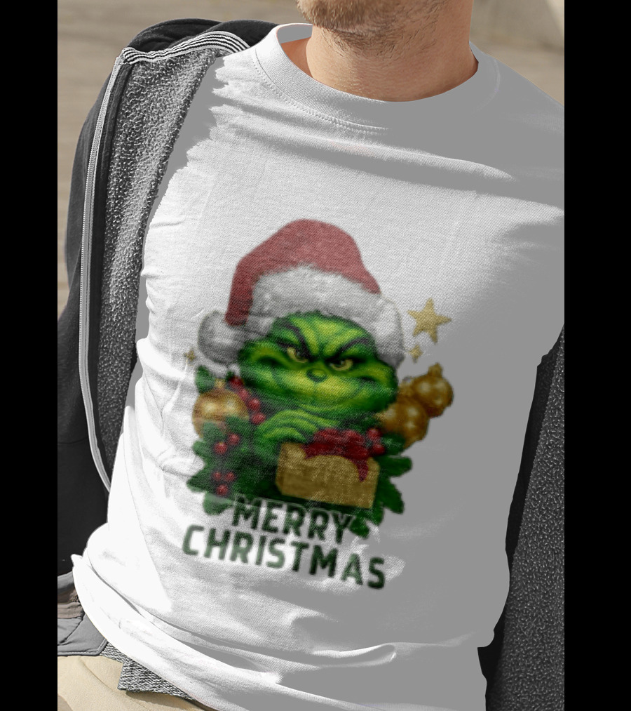 Merry Christmas Grinch Santa Claus Hat Gold Present Pine Branches T-Shirt