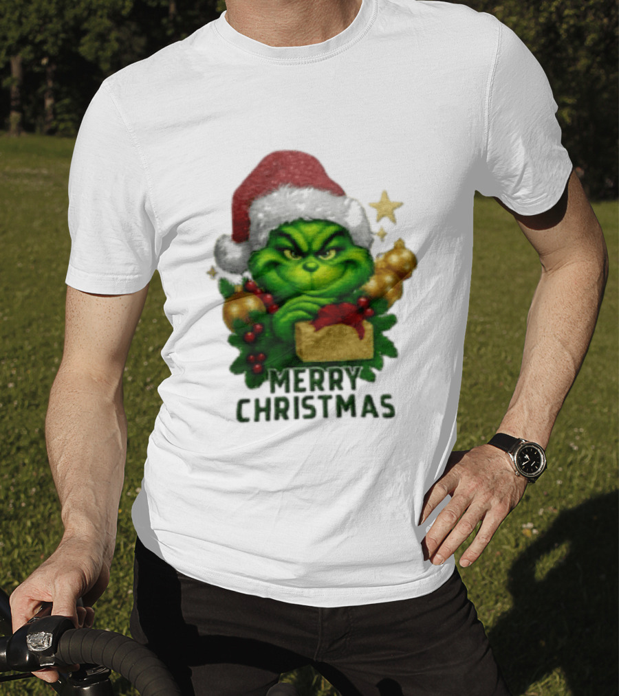Merry Christmas Grinch Santa Claus Hat Gold Present Pine Branches T-Shirt