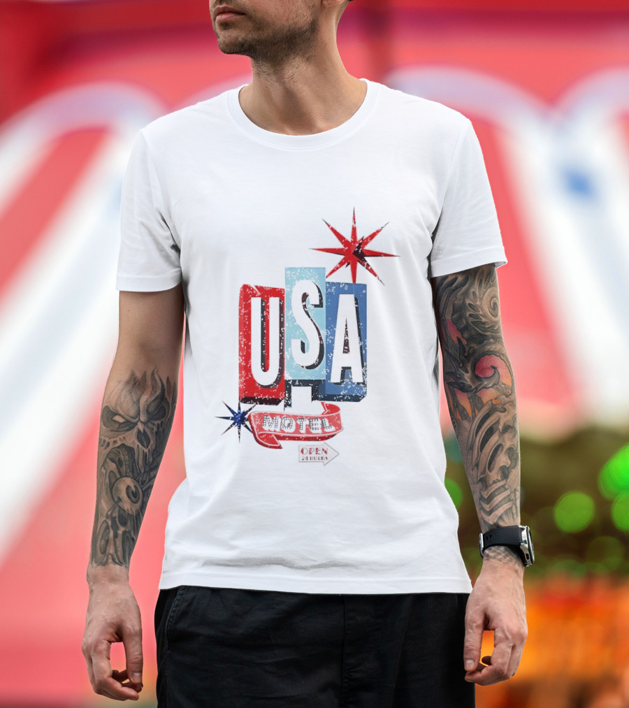 USA Motel Open 24 Hours Retro Sign With Stars T-Shirt