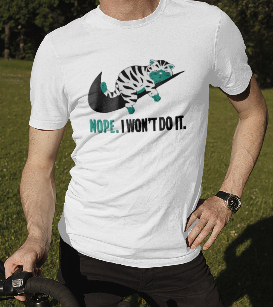 Nope I Won't Do It Cartoon Lazy Striped Cat Sleeping On Swoosh T-Shirt