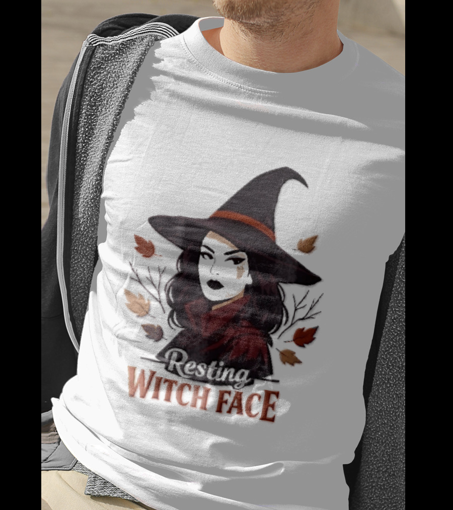 Resting Witch Face Dark Hair Woman Pointy Hat Autumn Leaves Halloween T-Shirt