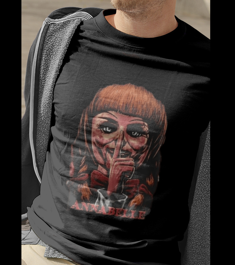 Annabelle Horror Doll Shushing Finger Red Bow Tie Eerie Doll Face T-Shirt