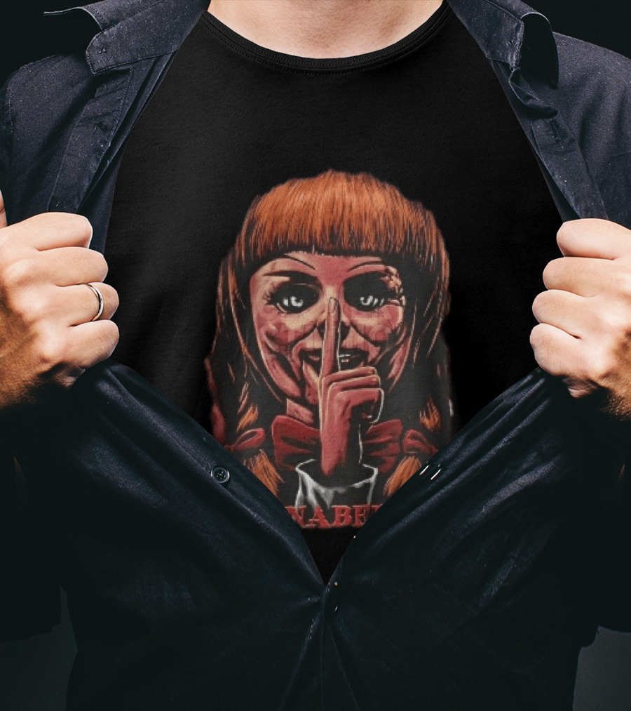 Annabelle Horror Doll Shushing Finger Red Bow Tie Eerie Doll Face T-Shirt