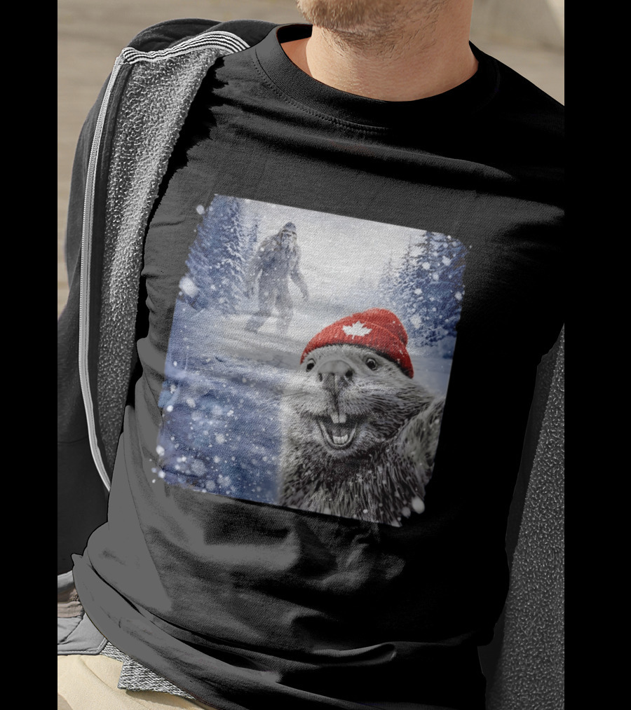 Beaver Selfie With Sasquatch In Snowy Canadian Forest T-Shirt