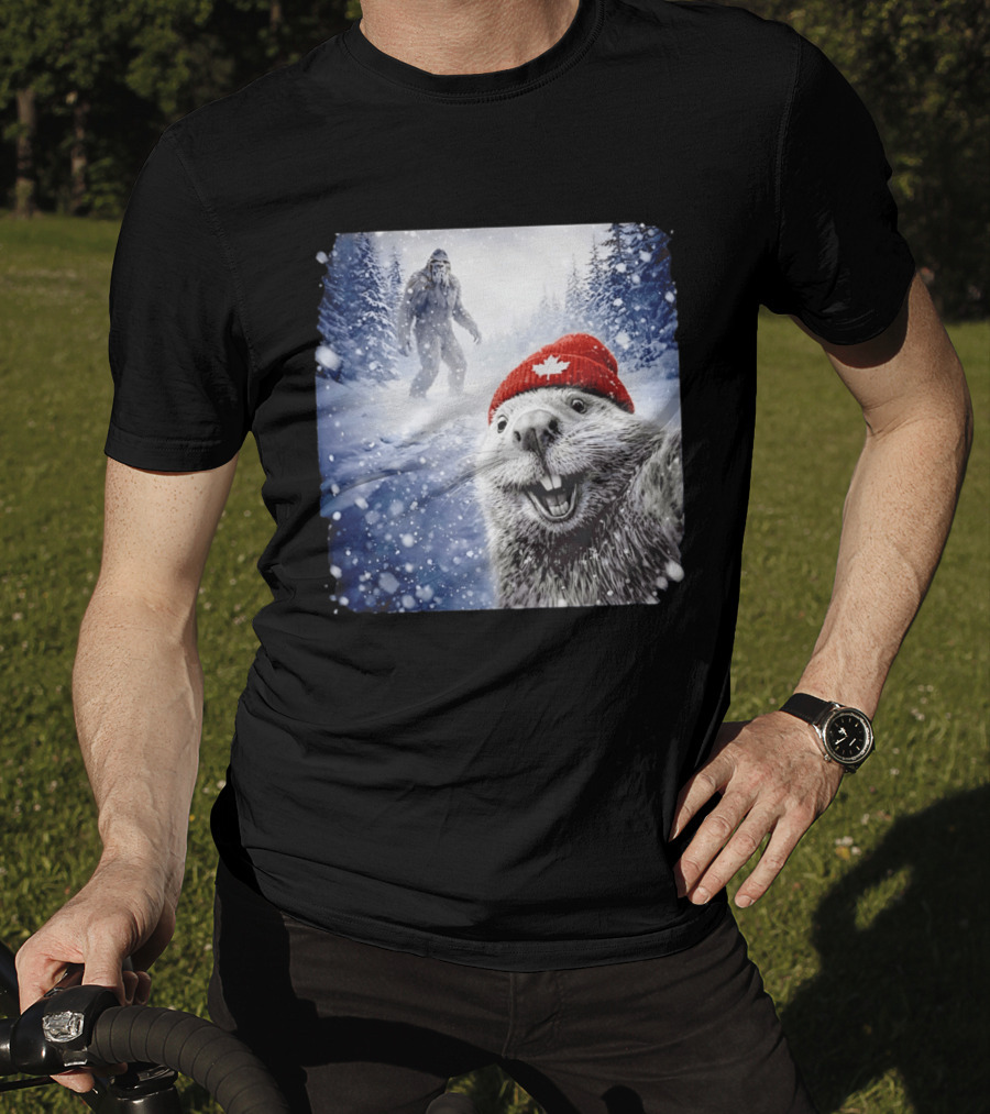 Beaver Selfie With Sasquatch In Snowy Canadian Forest T-Shirt