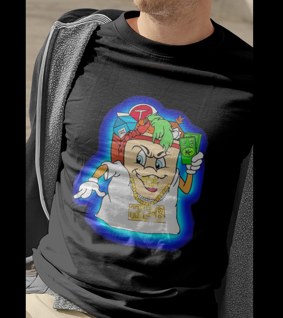H E Buddy Bud Bucks Character Holding Bud Buck Bills And Wearing Gold Chain With Bling H E B T-Shirt