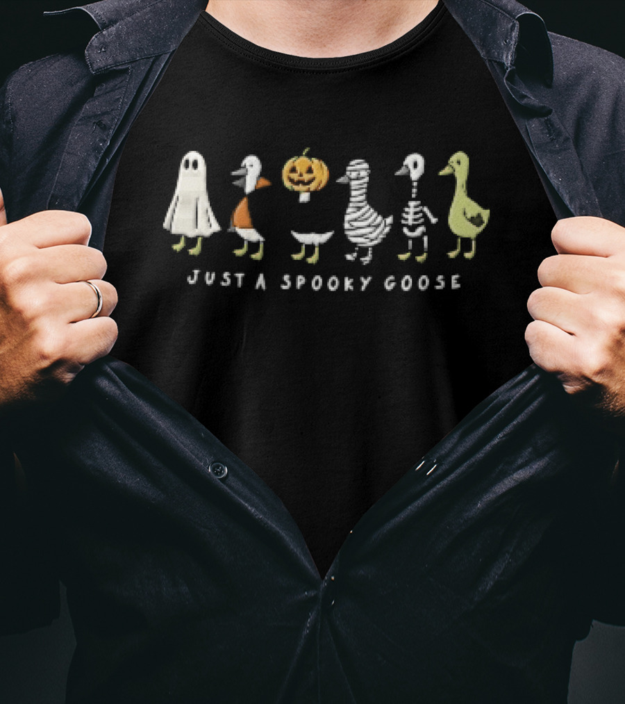 Just A Spooky Goose Cartoon Birds Wearing Costumes Halloween Lineup T-Shirt