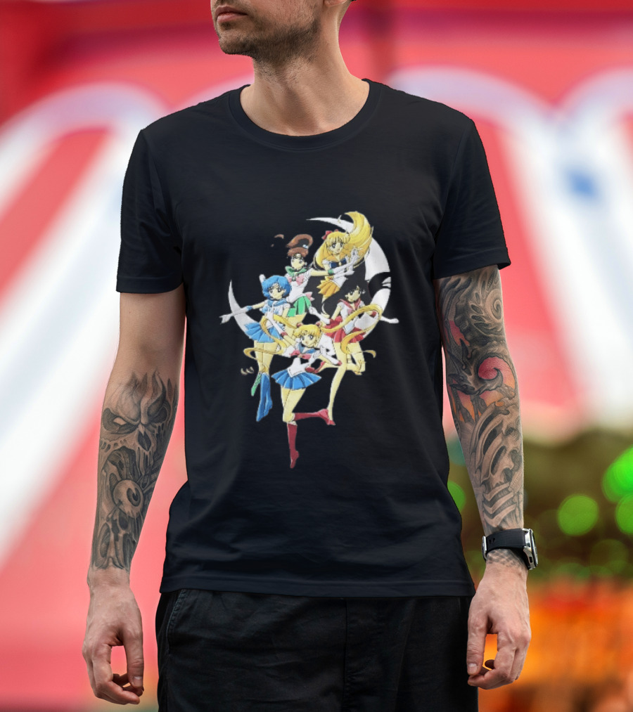 Sailor Moon Crescent Five Guardians Distressed Cartoon T-Shirt