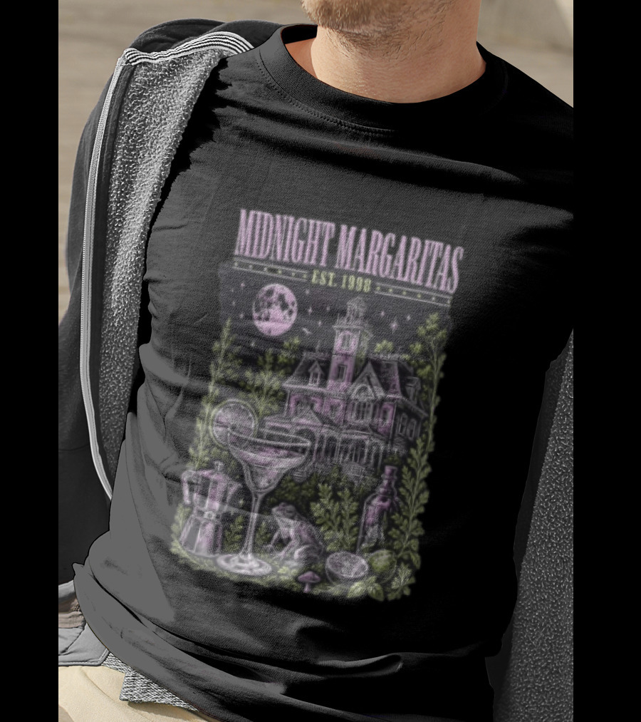 Midnight Margaritas Est 1998 Haunted Mansion Full Moon Frog Margarita Glass Lime Pestle Botanical T-Shirt