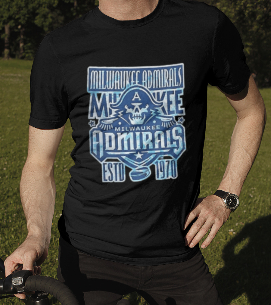 Milwaukee Admirals Estd 1970 Skull Hockey Puck Distressed Navy Blue T-Shirt