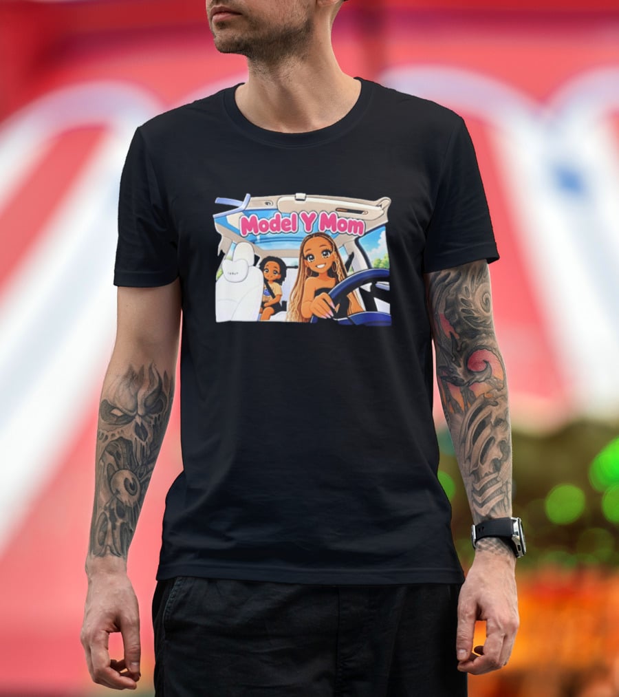 Model Y Mom Cartoon Driving Scene In Tesla T-Shirt