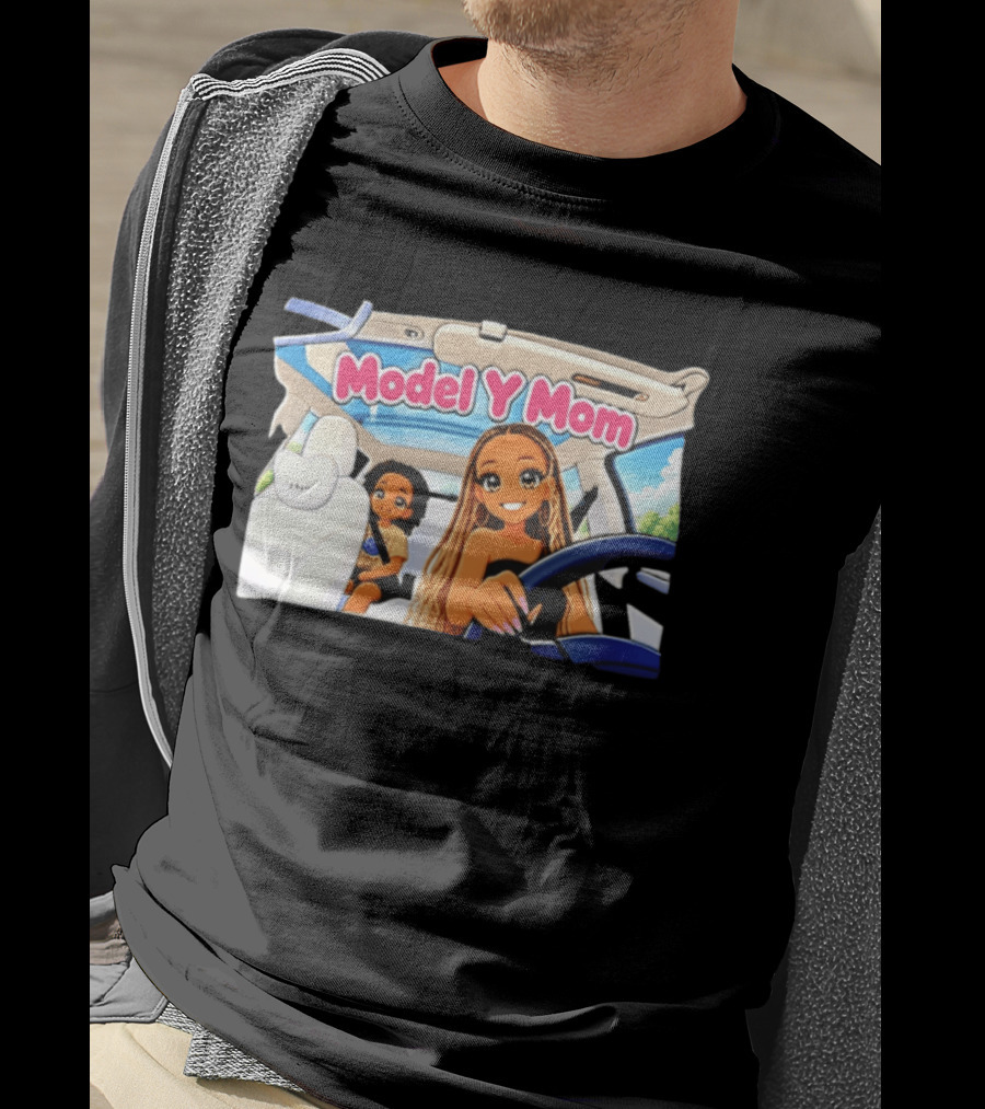 Model Y Mom Cartoon Driving Scene In Tesla T-Shirt