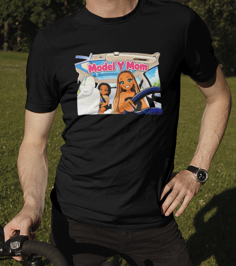 Model Y Mom Cartoon Driving Scene In Tesla T-Shirt