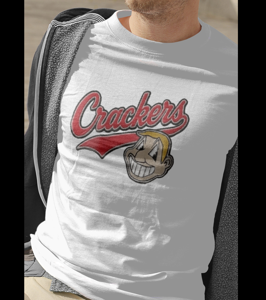 Crackers Cartoon Caricature Blonde Man Big Teeth Smile Red Script T-Shirt