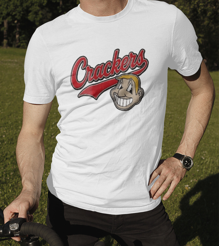Crackers Cartoon Caricature Blonde Man Big Teeth Smile Red Script T-Shirt