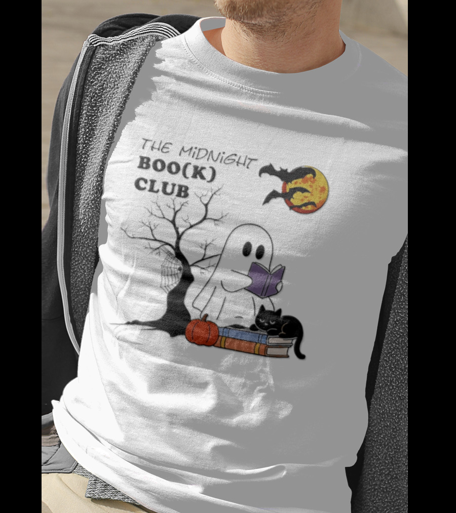 The Midnight Boo(k) Club Halloween Ghost Cat Pumpkin Moon T-Shirt