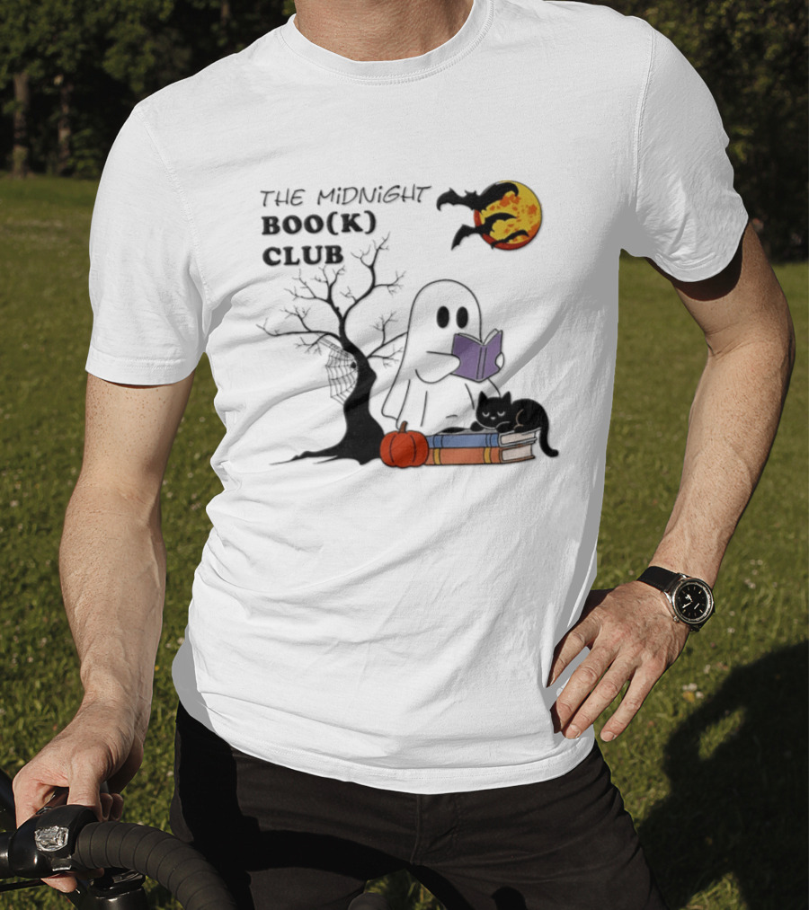 The Midnight Boo(k) Club Halloween Ghost Cat Pumpkin Moon T-Shirt