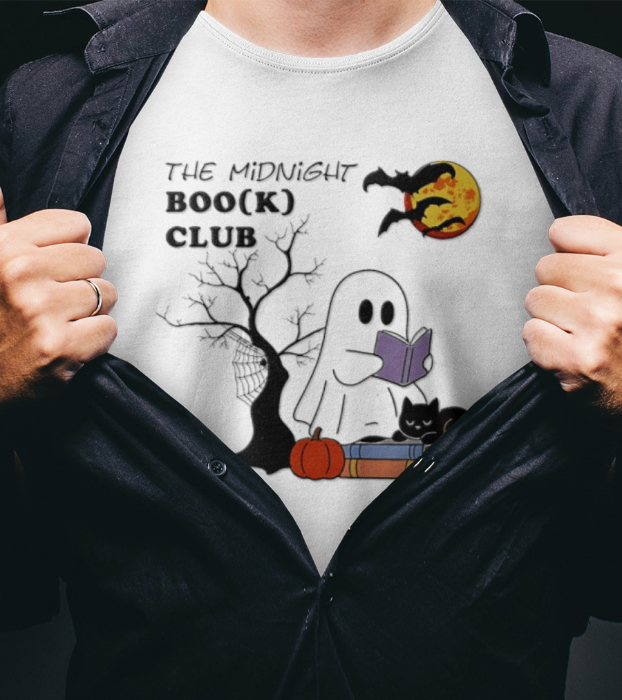 The Midnight Boo(k) Club Halloween Ghost Cat Pumpkin Moon T-Shirt
