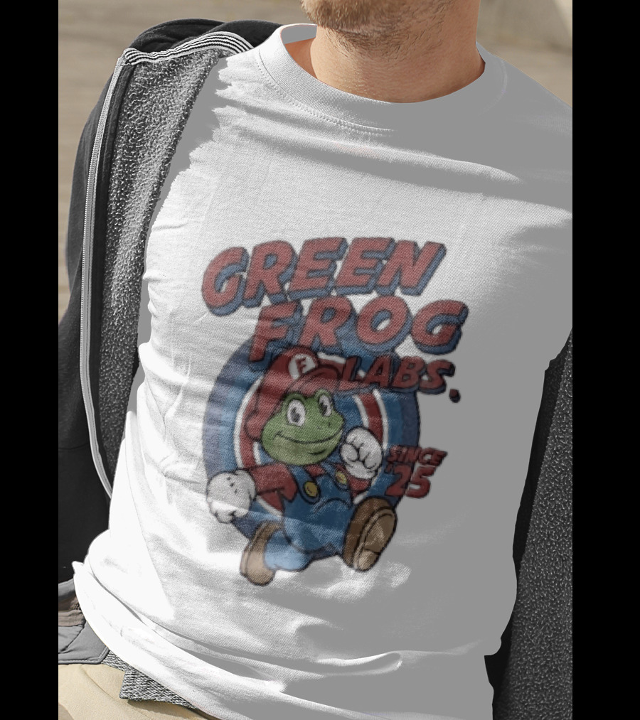 Green Frog Labs Since 25 Cartoon Running Red Cap Blue Overalls T-Shirt