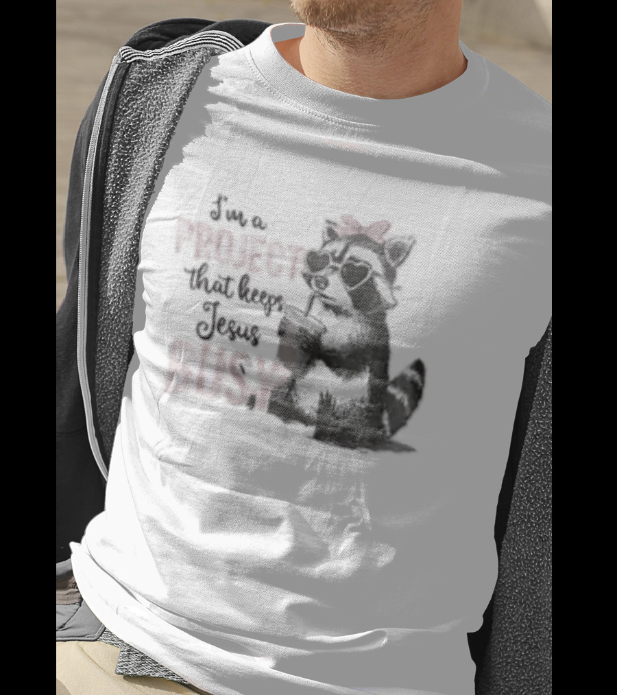 I'm A Project That Keeps Jesus Busy Raccoon Wearing Bow T-Shirt