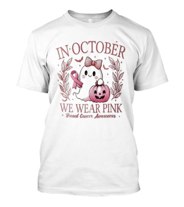 In October We Wear Pink Breast Cancer Awareness Ghost Bow Ribbon Pumpkin T-Shirt