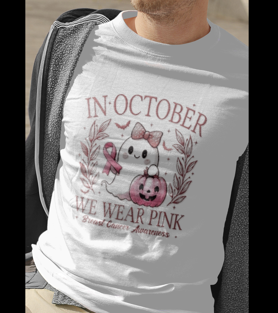 In October We Wear Pink Breast Cancer Awareness Ghost Bow Ribbon Pumpkin T-Shirt