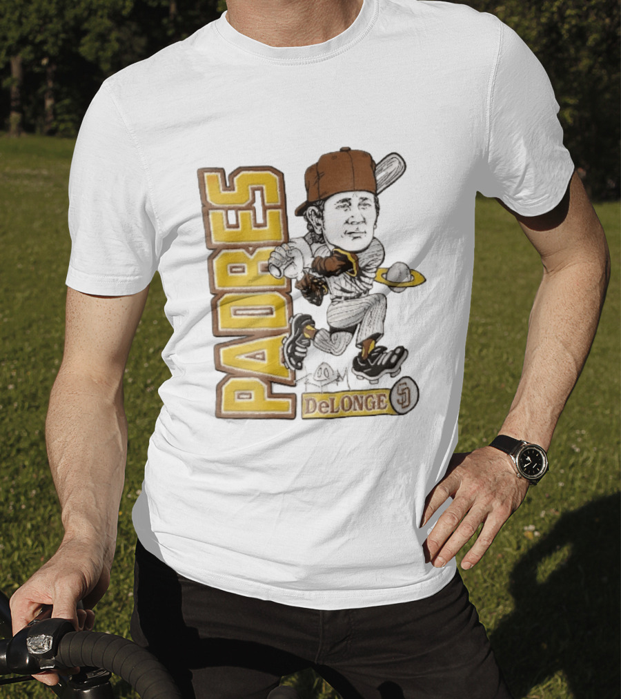 San Diego Padres DeLonge Cartoon Caricature Batter With Orbit Baseball T-Shirt