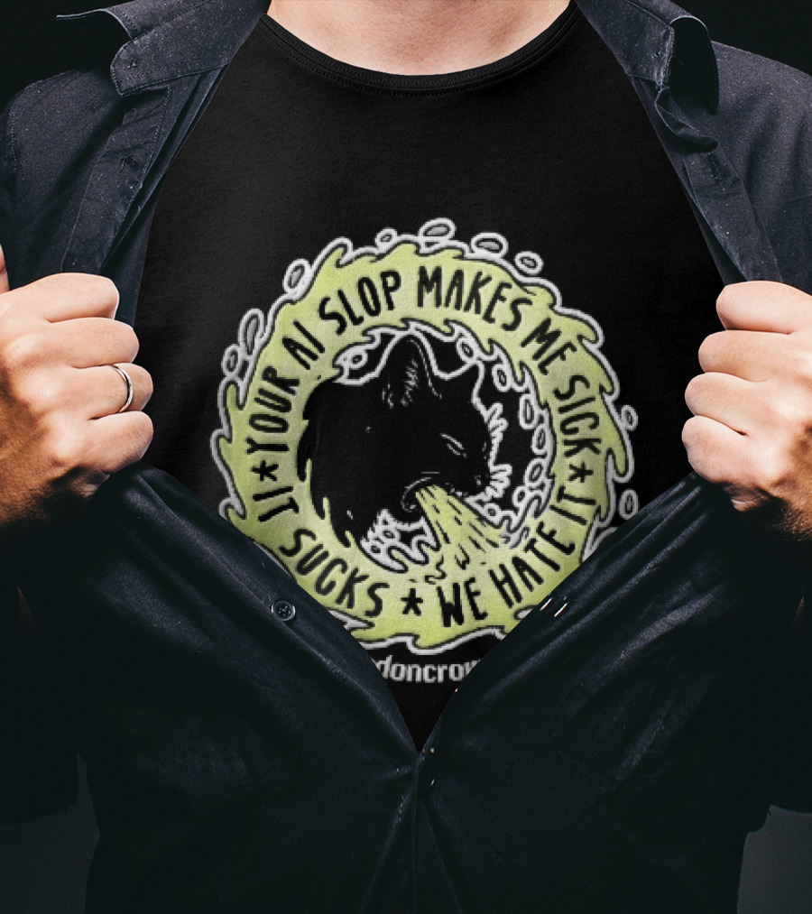 Your Ai Slop Makes Me Sick It Sucks We Hate Brandon Crownover Black Cat Vomiting Green Slime T-Shirt