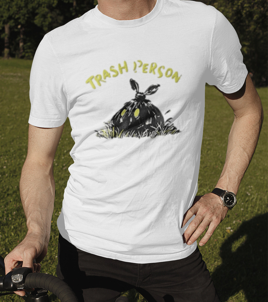 Trash Person Black Bag Creature Glowing Yellow Eyes Grass Monster T-Shirt